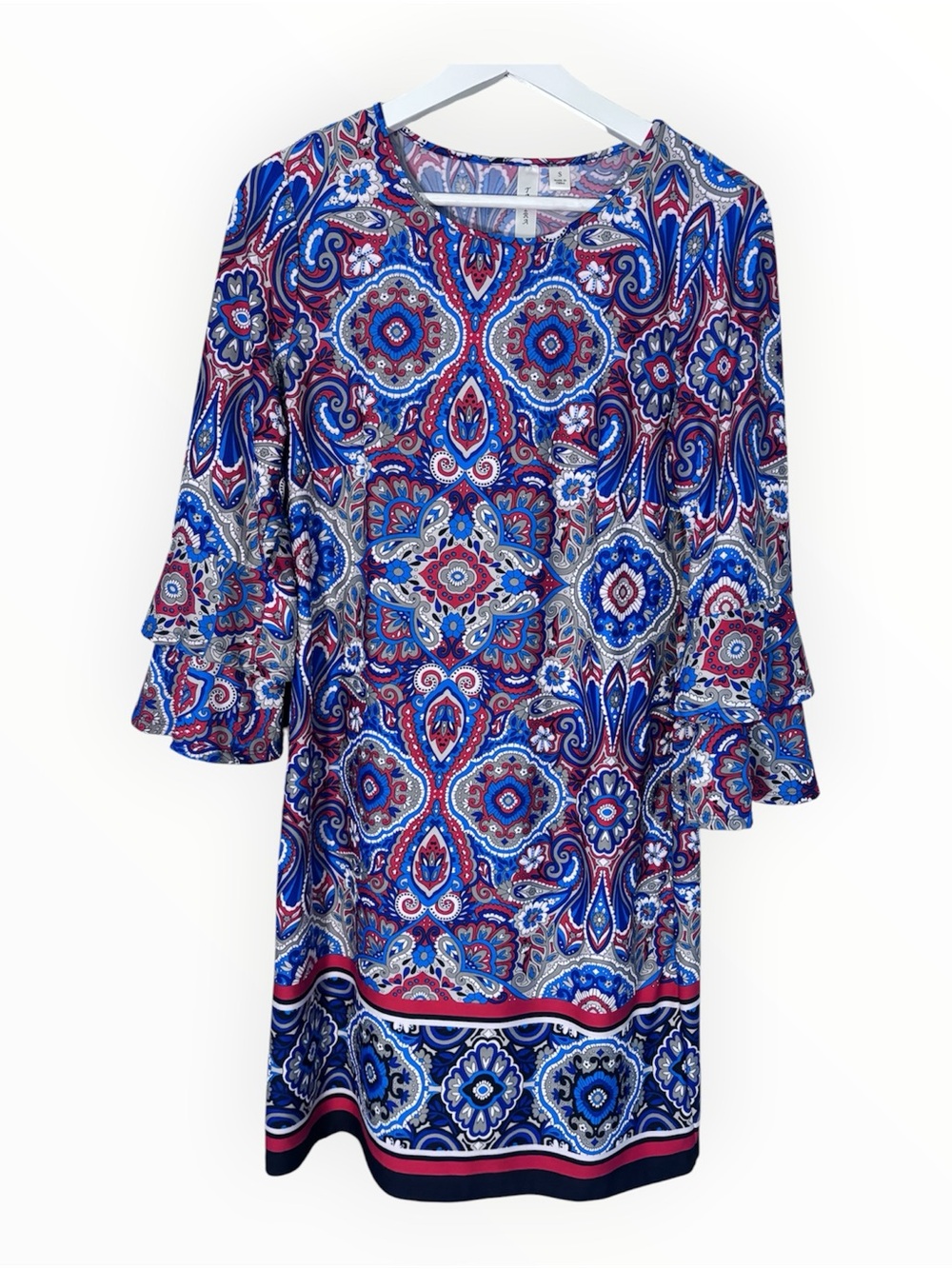 Tacera Women’s Blue Paisley Shift Dress with Fluted Sleeves | Size S
